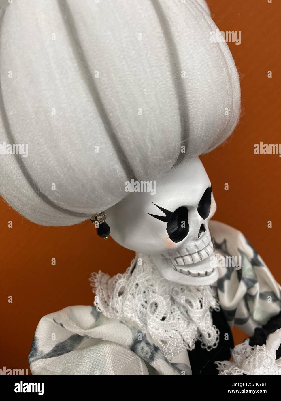 Halloween-Dekor - weibliches Skelett mit großen Haaren Stockfoto