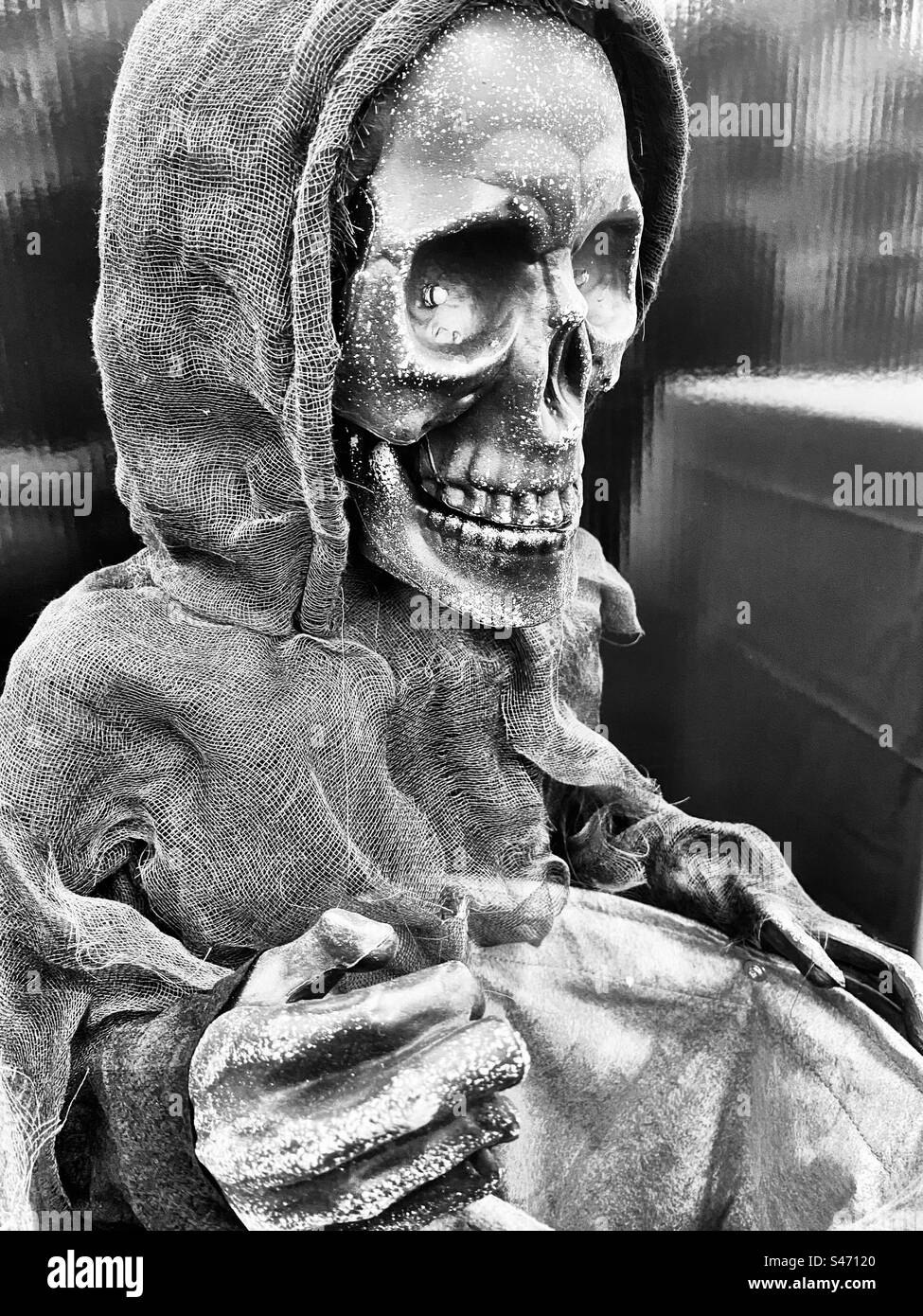 Halloween-Dekor - Skelett mit Kapuze - Smartphone-aufgenommenes Stockfoto