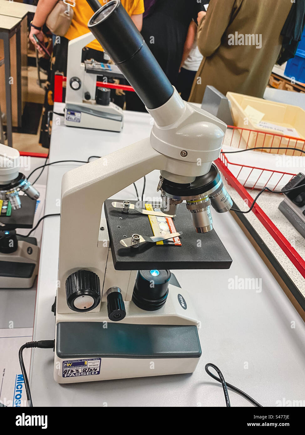 Ein Mikroskop, das in einem schulischen Wissenschaftslabor eingerichtet wurde, um eine Probe zu betrachten. - Smartphone-aufgenommenes Stockfoto