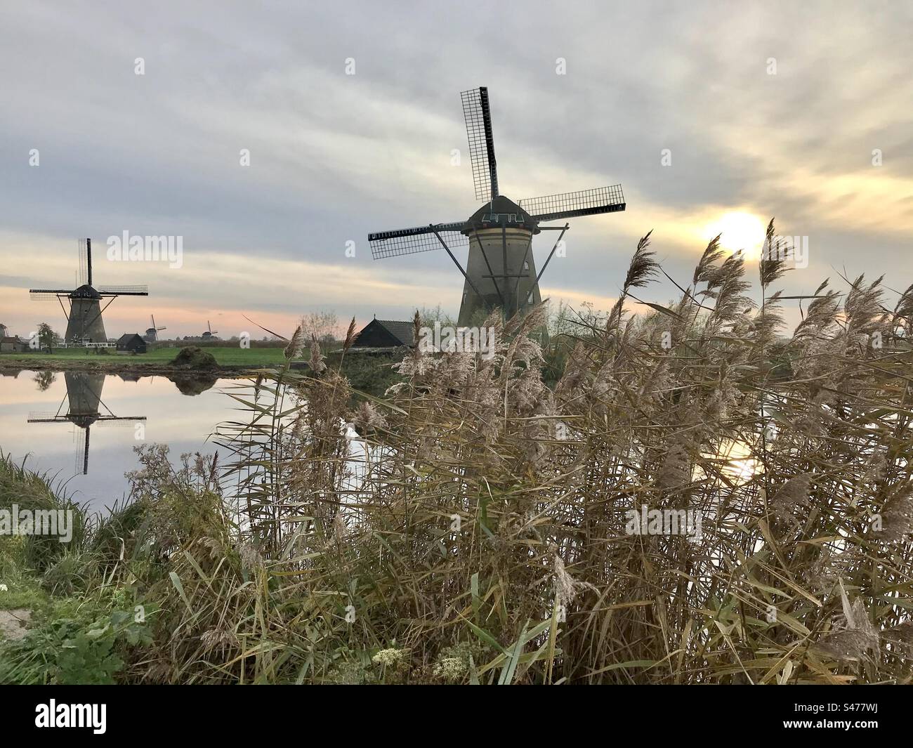 Niederländische Windmühlen von Kinderdijk - Smartphone-aufgenommenes Stockfoto