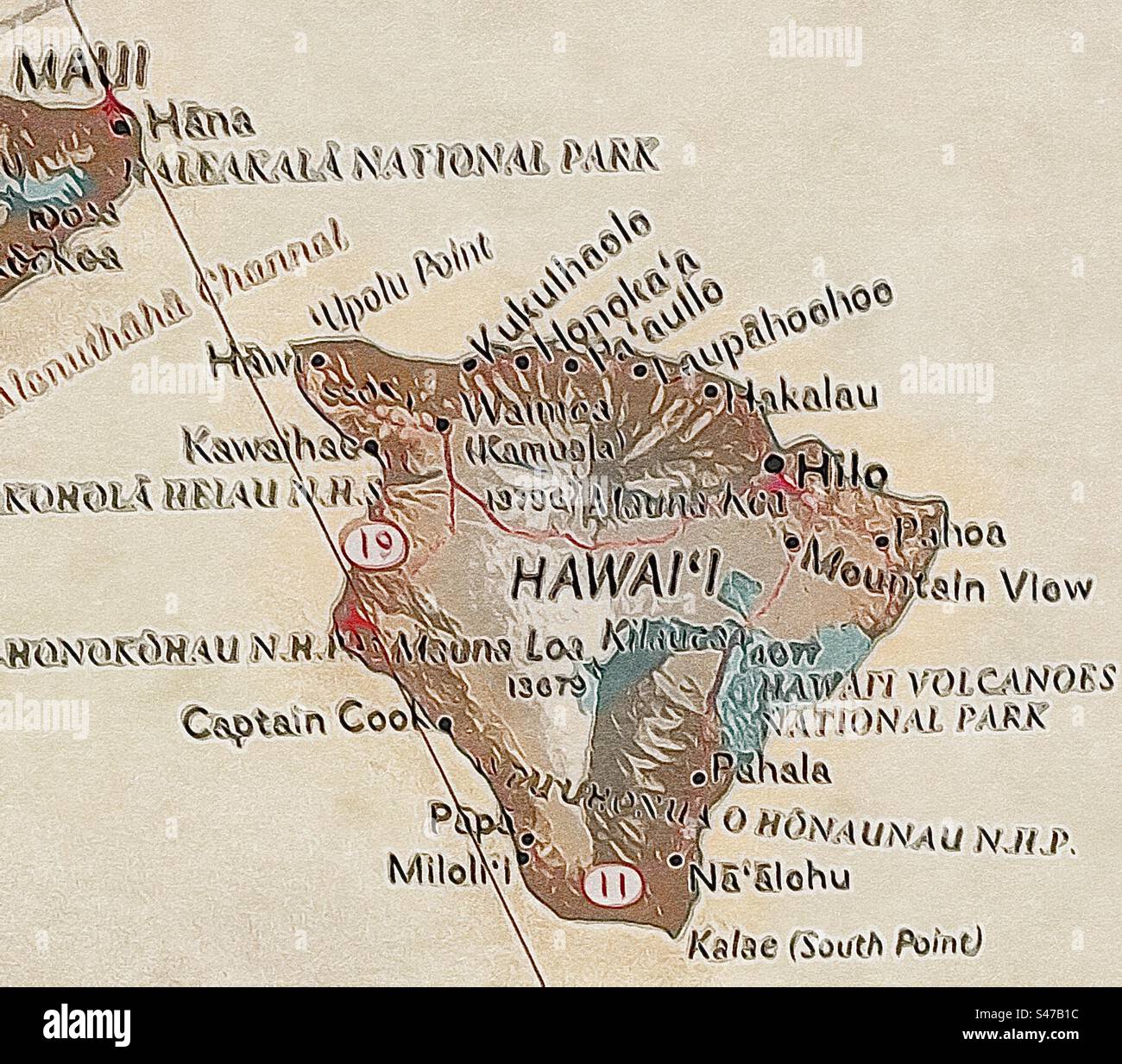 Gezoomtes Bild der Gegend von Big Island of Hawaii auf einer Karte der Vereinigten Staaten. Das Originalfoto wurde mit der IOS-App „Brushstroke“ zu einer „Illustration“ gemacht. - Smartphone-aufgenommenes Stockfoto