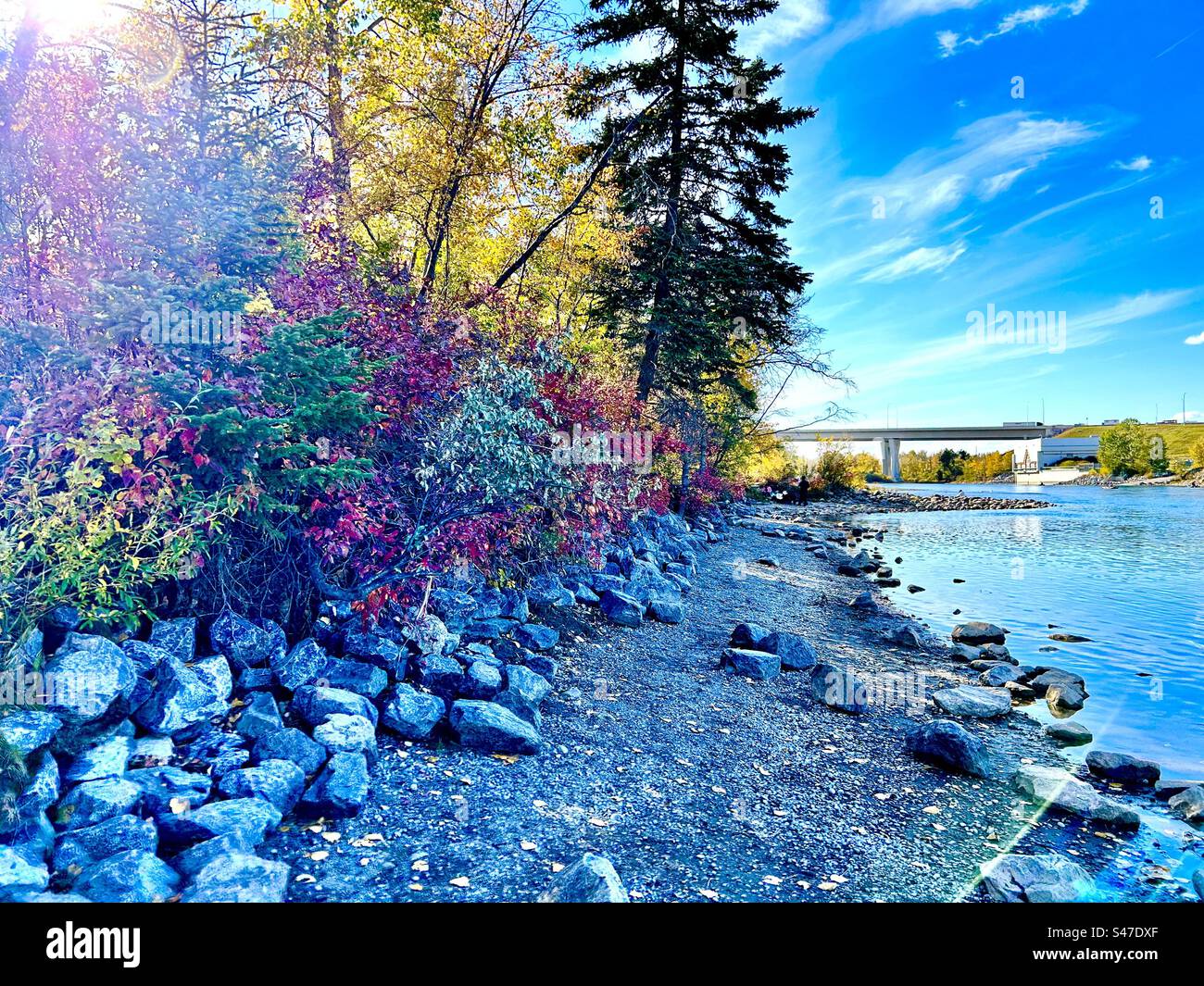 Herbst in Alberta, Kanada, Bowness Park, Calgary, Bow River, steinerne Trailbrücke Stockfoto