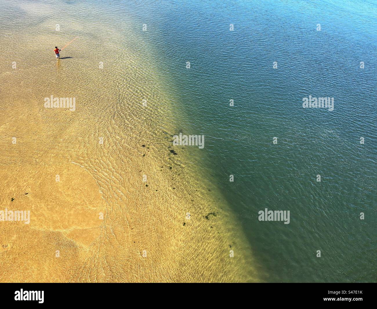 Ein einsamer Fischer, der in einem flachen Wasser steht, Portugal, 2023 - Smartphone-aufgenommenes Stockfoto