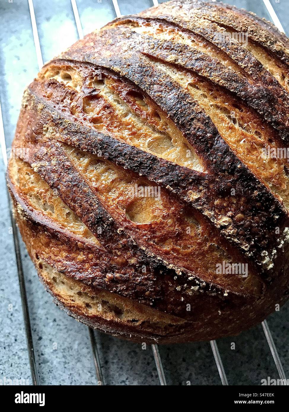 Frisch gebackenes Sauerteigbrot - Smartphone-aufgenommenes Stockfoto