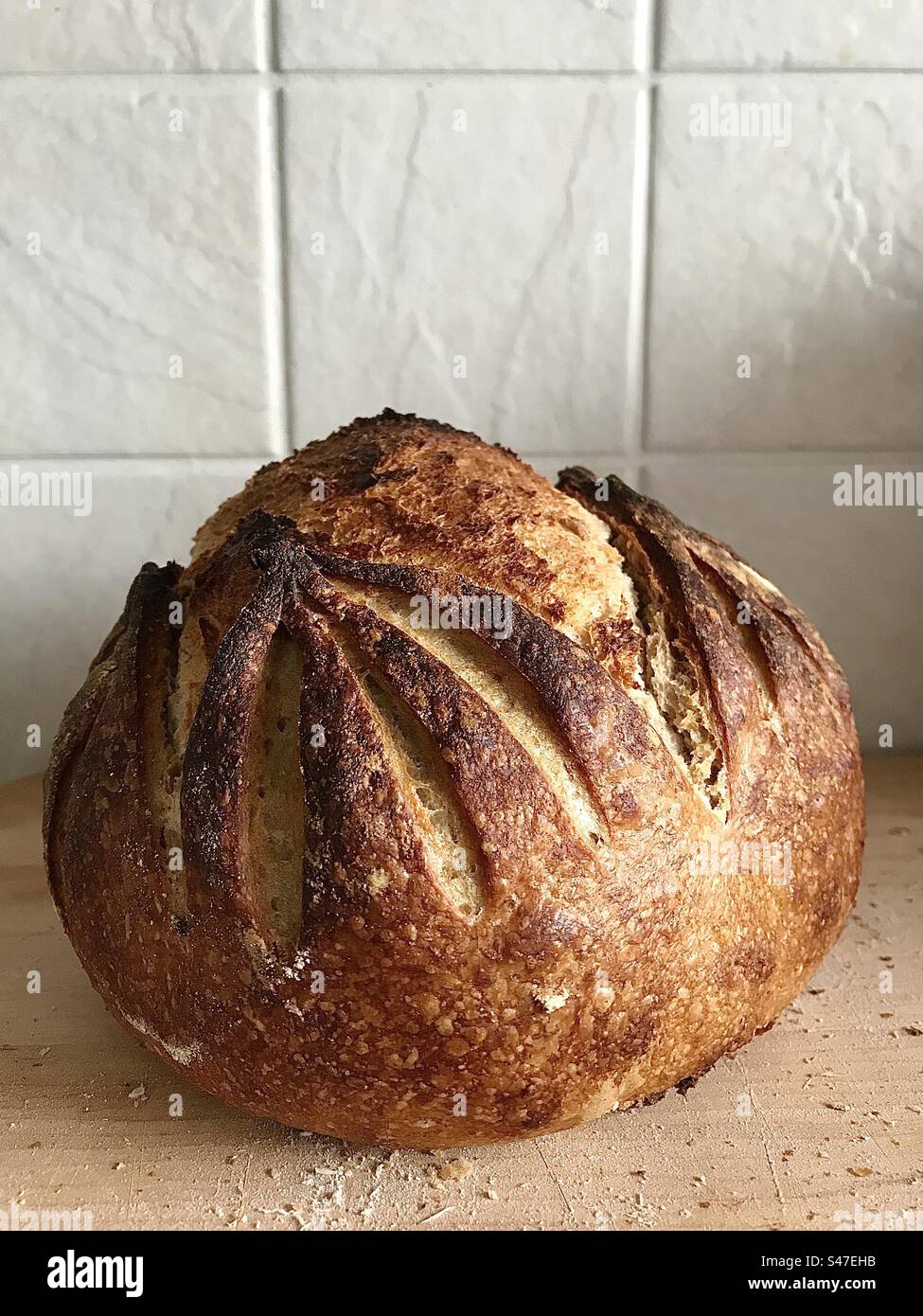 Selbstgebackenes Sauerteigbrot - Smartphone-aufgenommenes Stockfoto