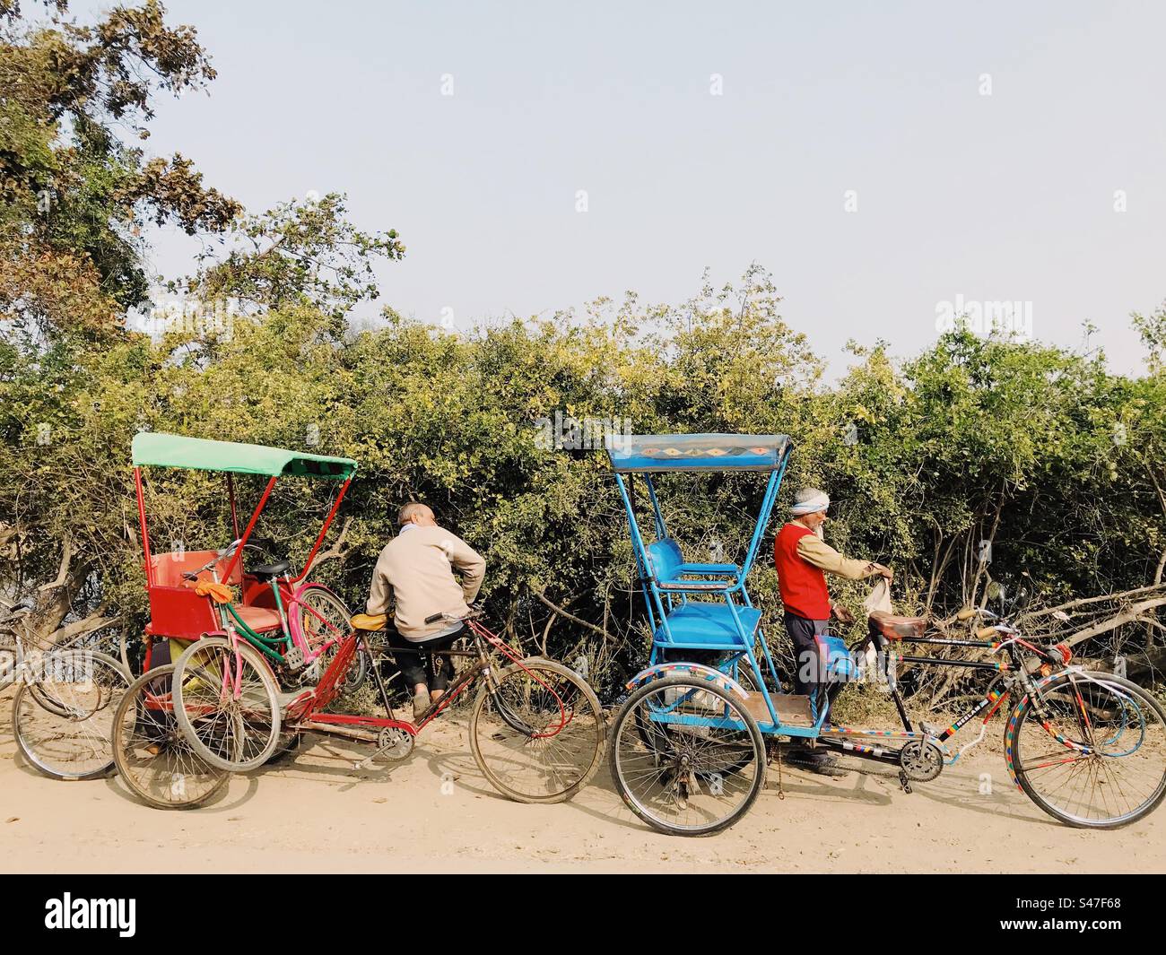 Fahrradrikschas im Bharatpur Bird Sanctuary in Rajasthan, die 2023 eingestellt und durch elektrische Rikschas ersetzt wurden - Smartphone-aufgenommenes Stockfoto