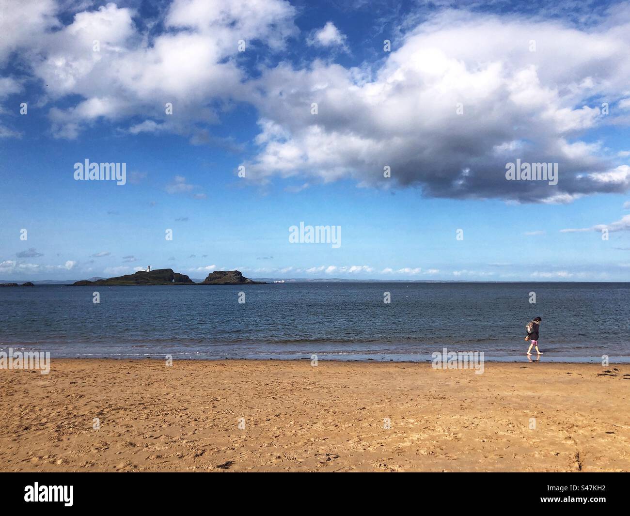 Solitary Walker am Yellowcraig Beach, mit Blick auf den Leuchtturm Fidra, East Lothian Coast, Schottland - Smartphone-aufgenommenes Stockfoto