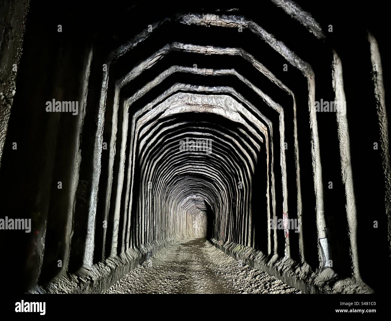 Eine Reihe von Tunneln und Schneeschuppen, die in den 1860er Jahren von chinesischen Einwanderern gebaut wurden, war einst Teil der transkontinentalen Eisenbahn, als sie ihren Weg durch den Donner Pass in Nordkalifornien fand. Stockfoto