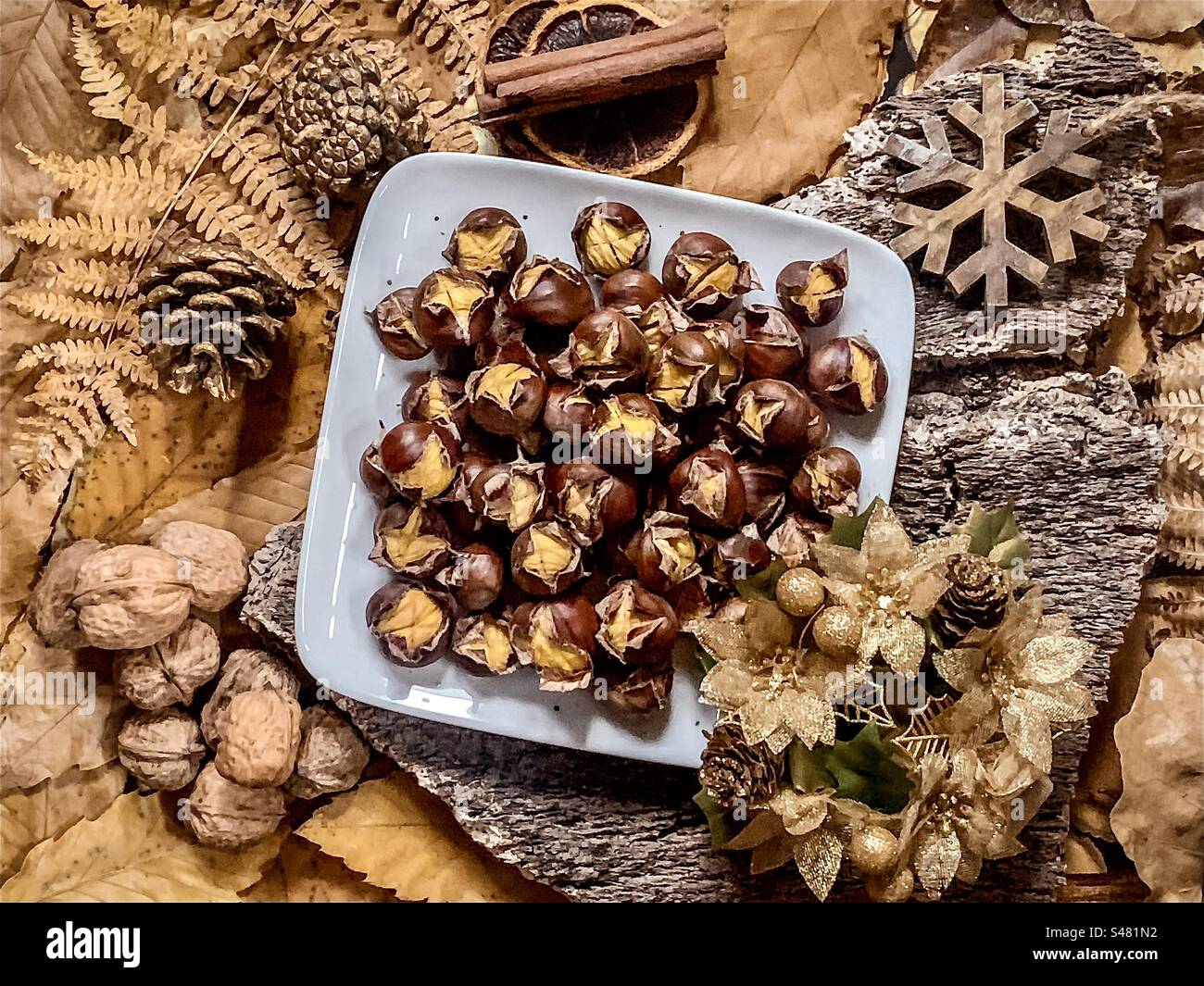Weihnachtlich geröstete Kastanienflachlage Stockfoto