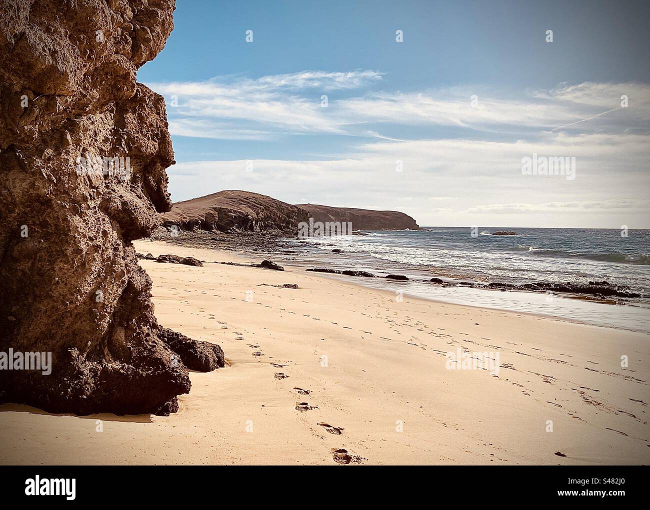 Fußspuren am Papagayo Beach, Lanzarote, den Kanarischen Inseln Stockfoto