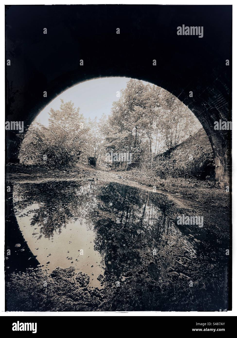 Schwarz-weiß-Bild mit Blick durch einen Eisenbahnbogen mit einer Reflexion in der Pfütze. Stockfoto