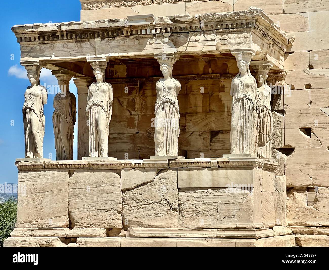 Erstaunliche Details über die Ruinen Struktur, Veranda der Karyatiden, Akropolis Hügel, Athen Stockfoto
