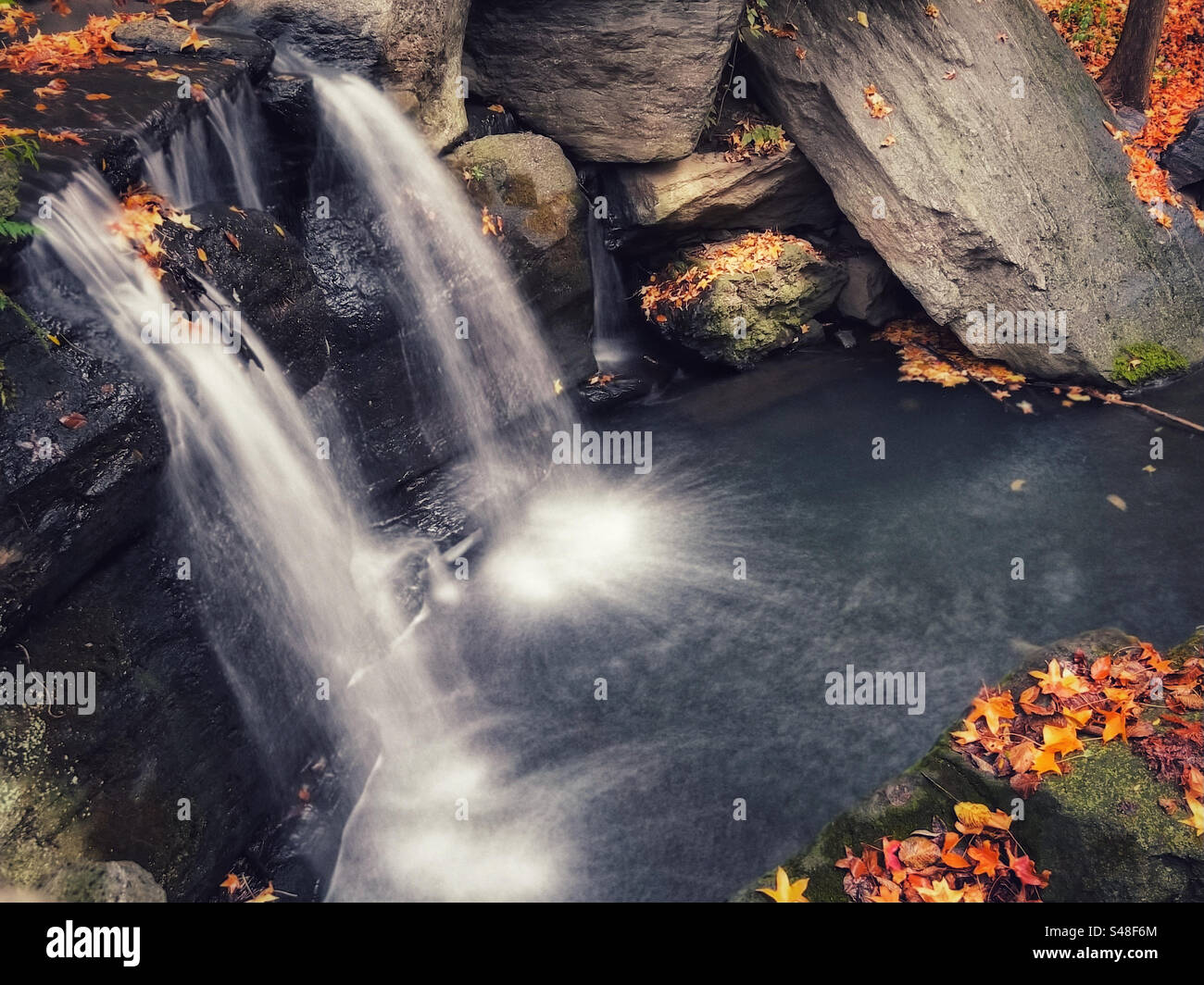 Kleiner Wasserfall mit verschwommenem Wasser und Herbstlaub im Pool, Central Park in New York Stockfoto