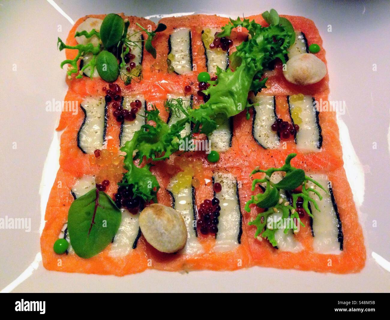 Köstliche Gourmet-Vorspeise mit geometrischen Formen und Meeresfrüchten mit Lachs, Aal, Kaviar, Kaviar, Kartoffeln und Salatblättern auf der glänzenden quadratischen Platte Stockfoto
