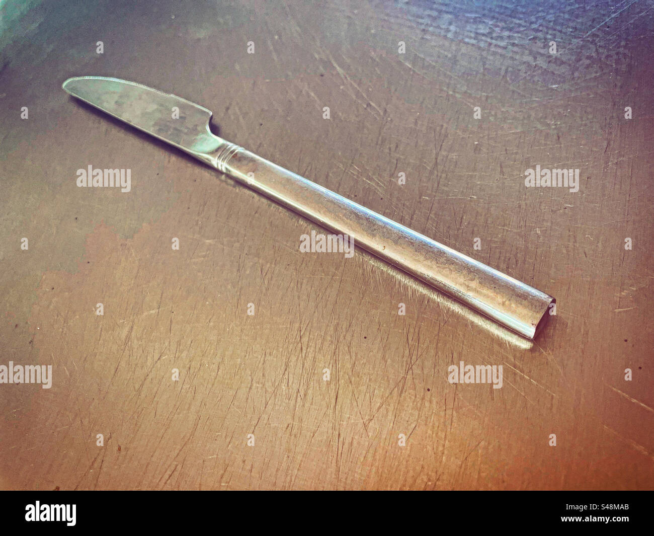 Silbernes Messer auf einer Silberplatte in einer Küche mit Stahlarbeitsplatten, einsatzbereit, da es eine superglänzende, saubere Schale ist, die hell wie neu ist - Smartphone-aufgenommenes Stockfoto