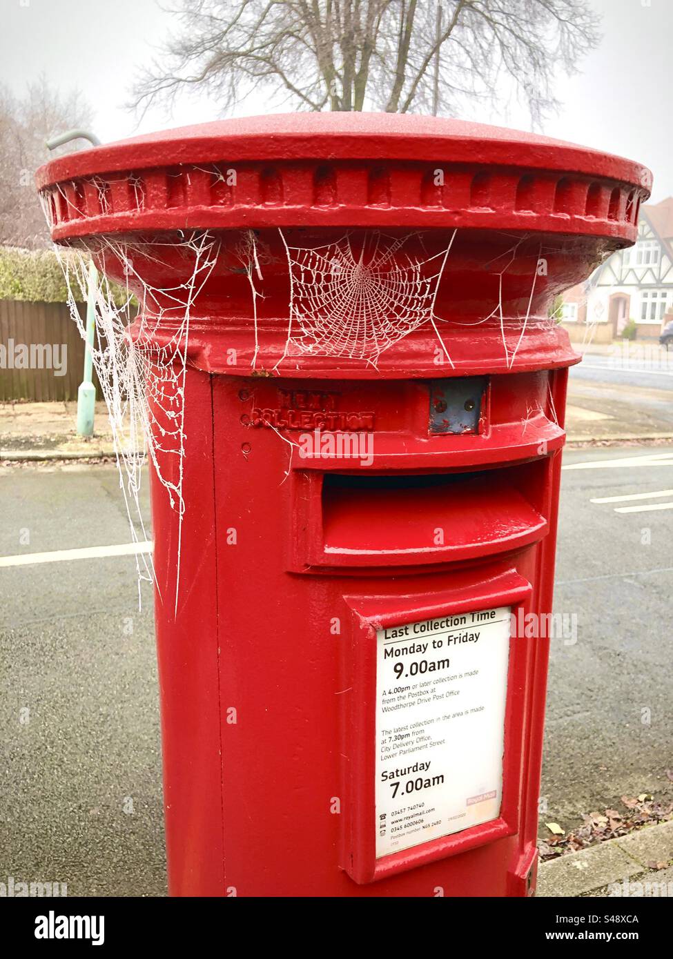 Eine Royal Mail-Säulenkasten an einem frostigen Morgen. - Smartphone-aufgenommenes Stockfoto
