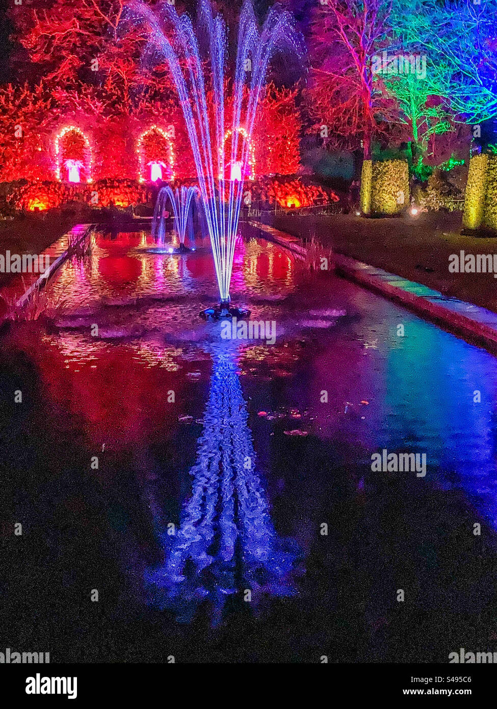 Der Garten der Königin Mutter beleuchtet auf einem besonderen weihnachtlichen Klang- und Lichtpfad am Walmer Castle - Smartphone-aufgenommenes Stockfoto