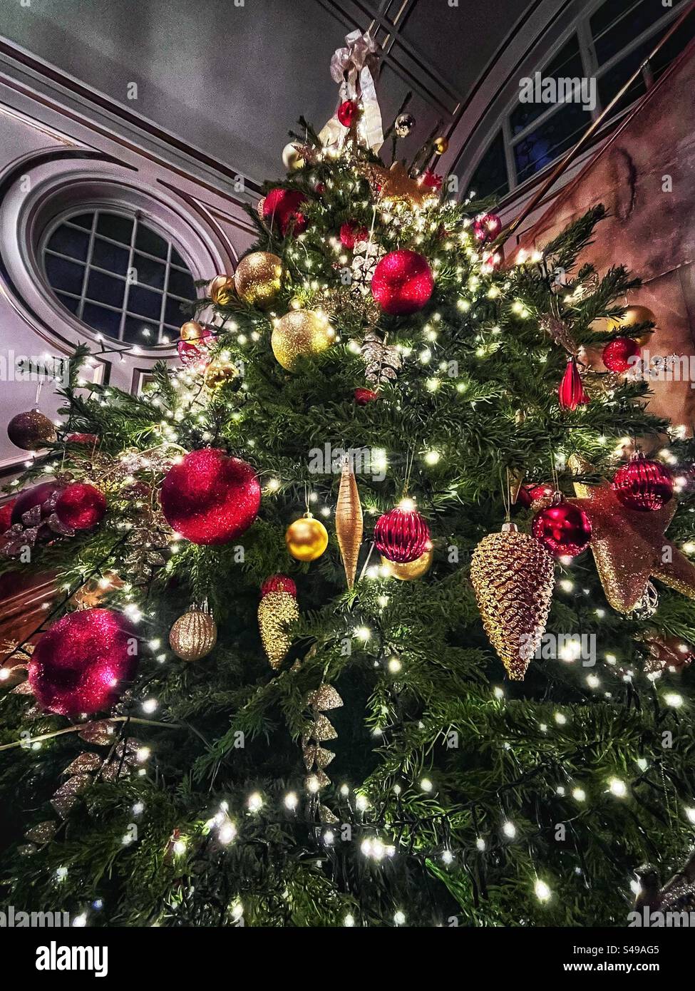Weihnachtsbaum mit Zierkegeln und Kugeln, Lichtern. Nach oben schauen. Stockfoto