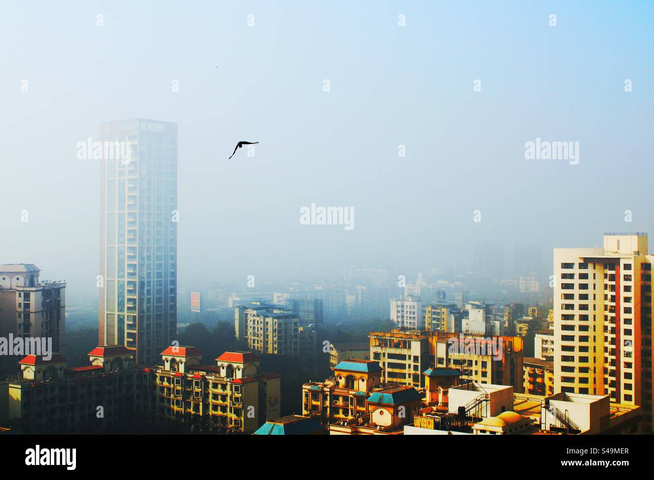 Stadtbild, verschluckt von Morning's Umarmung. Morgennebel webt einen ätherischen Schleier und enthüllt urbane Silhouetten in einem poetischen Tanz aus Geheimnis und Gelassenheit. Stockfoto