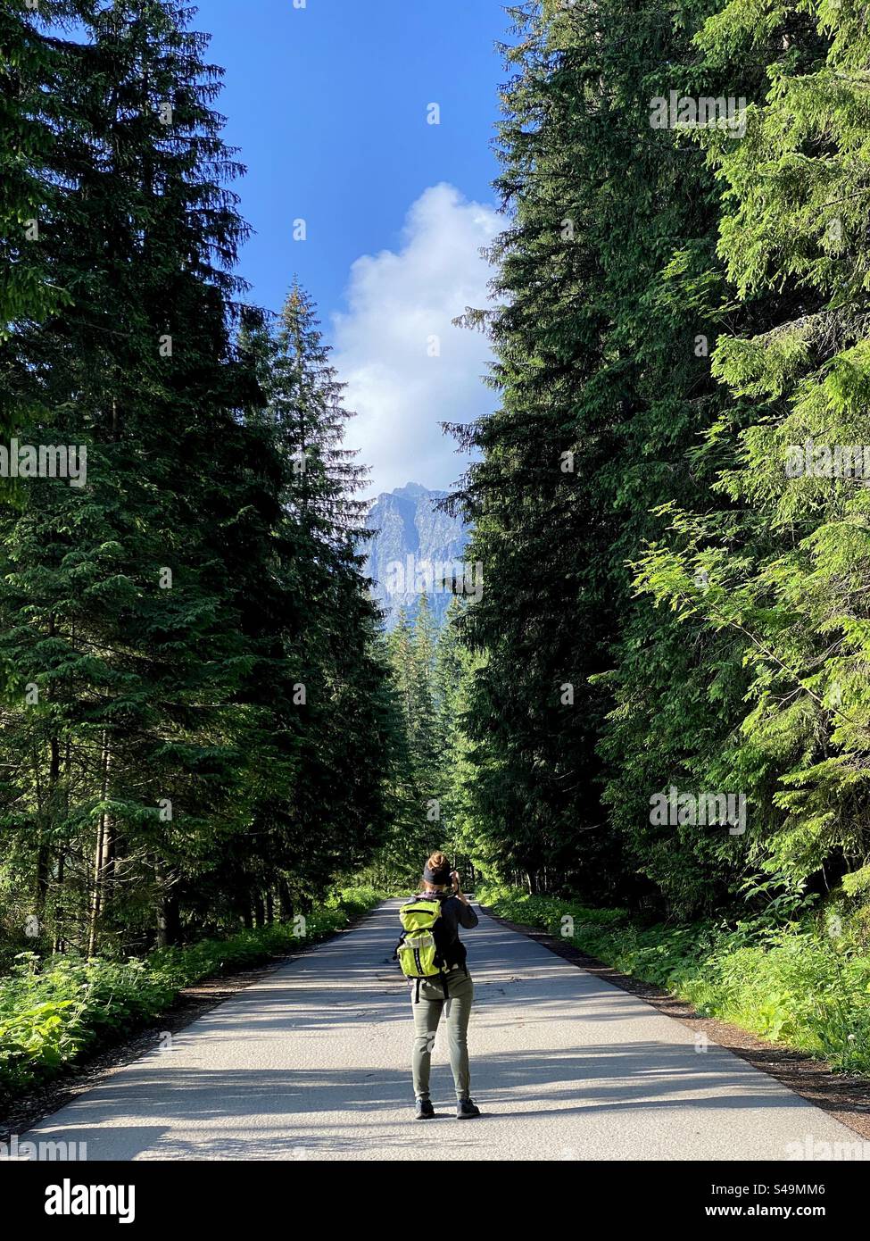 Ein Tourist auf der Straße im Tatra-Gebirge - Smartphone-aufgenommenes Stockfoto
