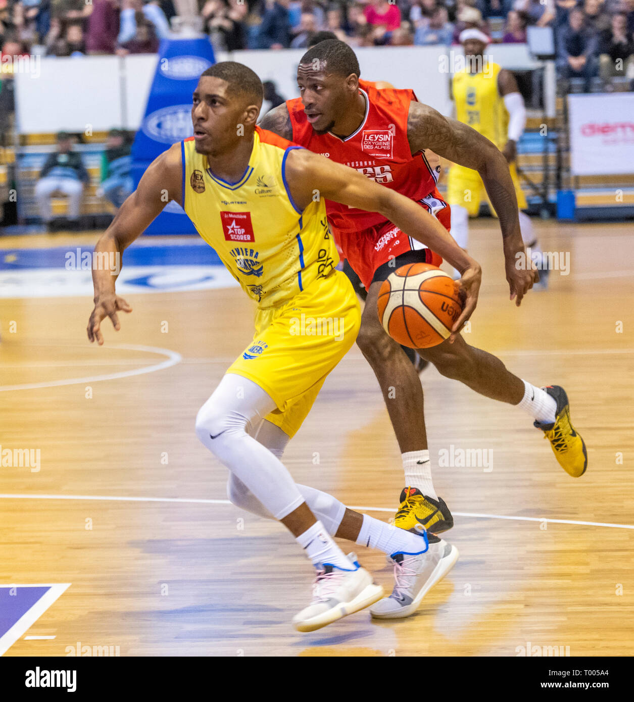 Vevey, Schweiz. 16. März, 2019. LNAM SB Liga Rivera Lakers VS Pully Lausanne Foxes-Rivera Lakers VS Pully Lausanne Füchse - Rivera Lakers VS Pully Lausanne Füchse bei Rivage Galeries, Vevey (Schweiz), Korb 16-03-2019. Quelle: Eric Dubost/Alamy leben Nachrichten Stockfoto