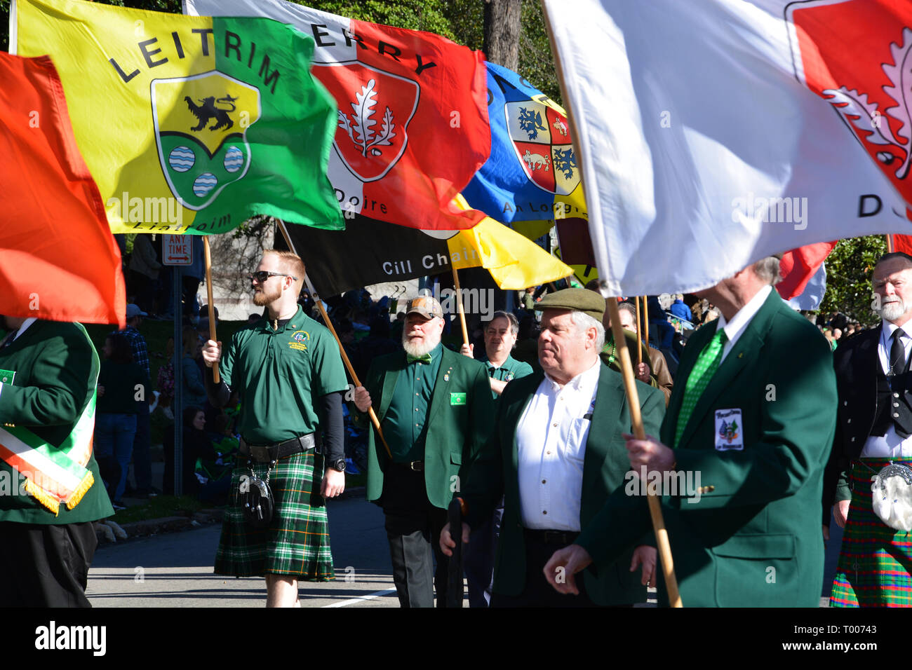 Raleigh, North Carolina/USA, 16. März 2019: Flags, die für die irischen Grafschaften sind auf dem Display während Raleigh's 37th jährliche St. Patrick's Day Parade. Credit: D Gast Smith/Alamy leben Nachrichten Stockfoto