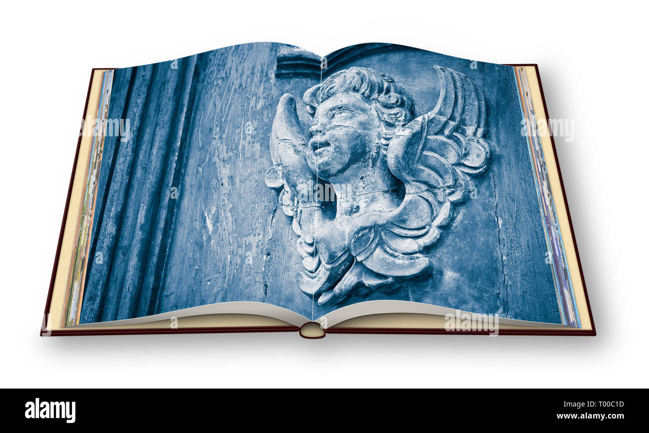 Skulptur eines Holz- Engel - mehr als 100 Jahre alten 3D-Render eines geöffneten Foto Buch auf weißem Hintergrund - ich bin der Inhaber des Urheberrechts. Stockfoto