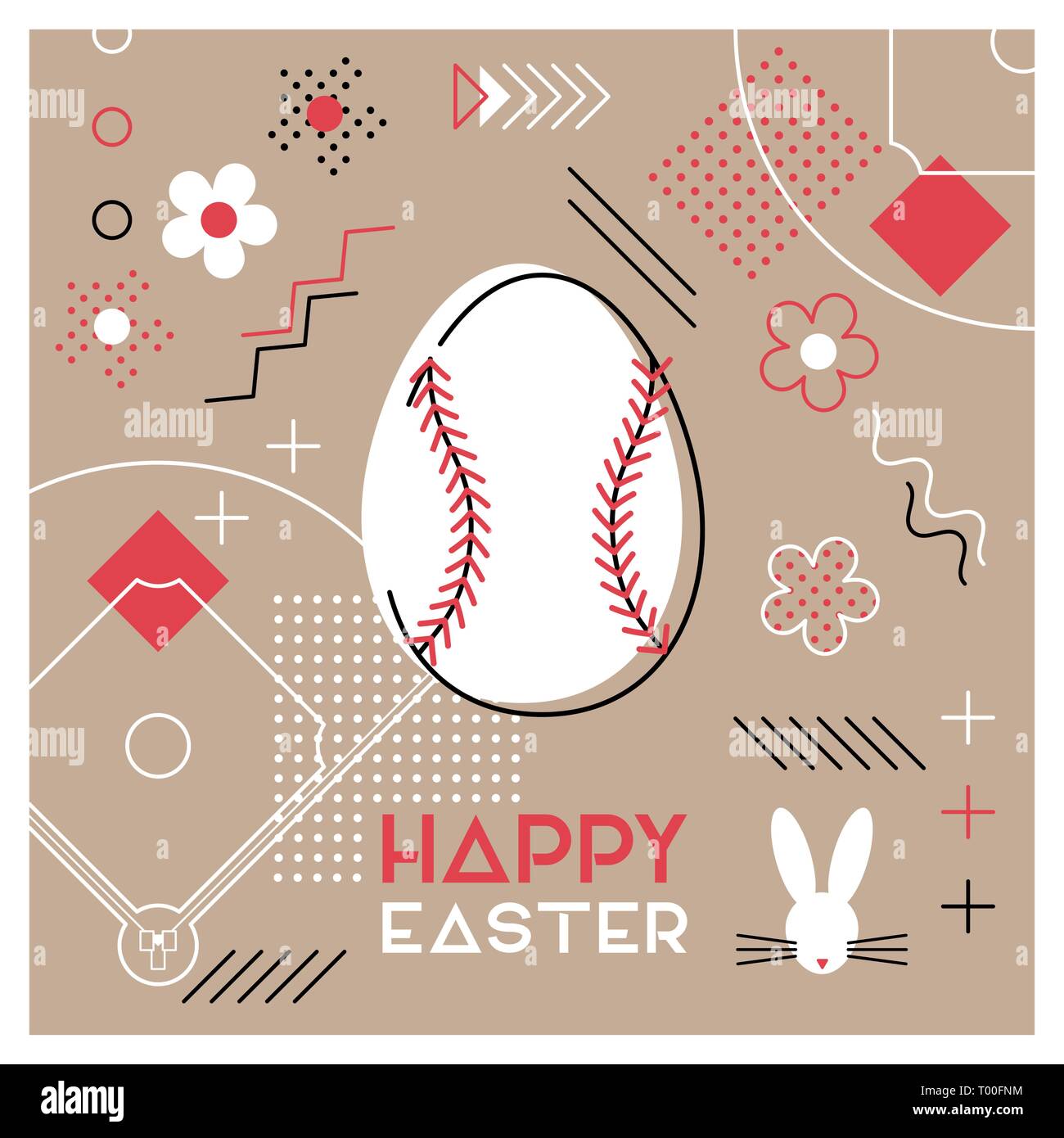 Frohe Ostern. Grußkarte mit Osterei als baseball ball. Abstrakte Memphis Design. Vector Illustration. Stock Vektor