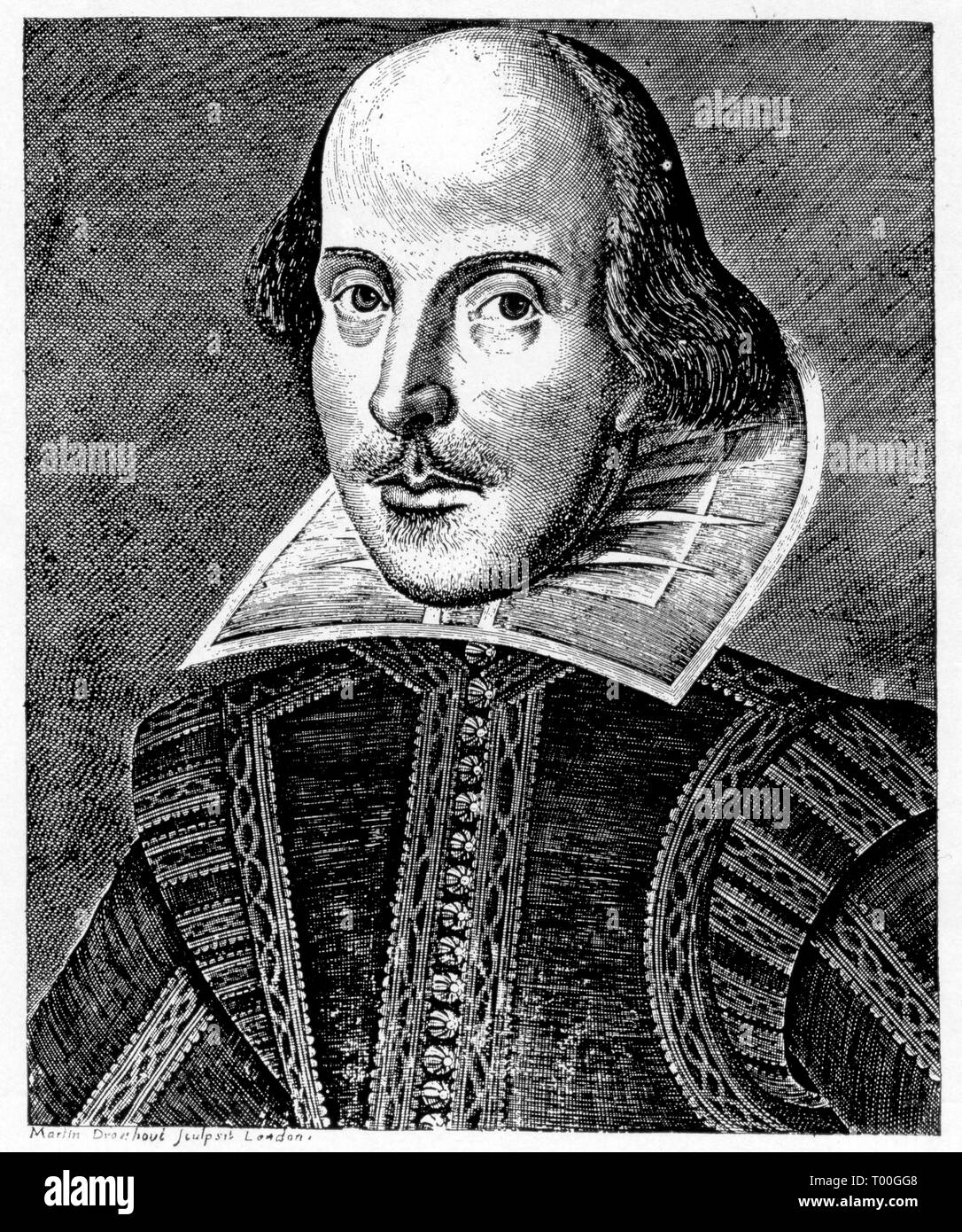 Die Titelseite von "Mr. William Shakespeares Komödien, Geschichte und Tragödien" wird allgemein als das erste Folio 1623 bezeichnet. Von Martin Droeshout (1601-c1650). Stockfoto