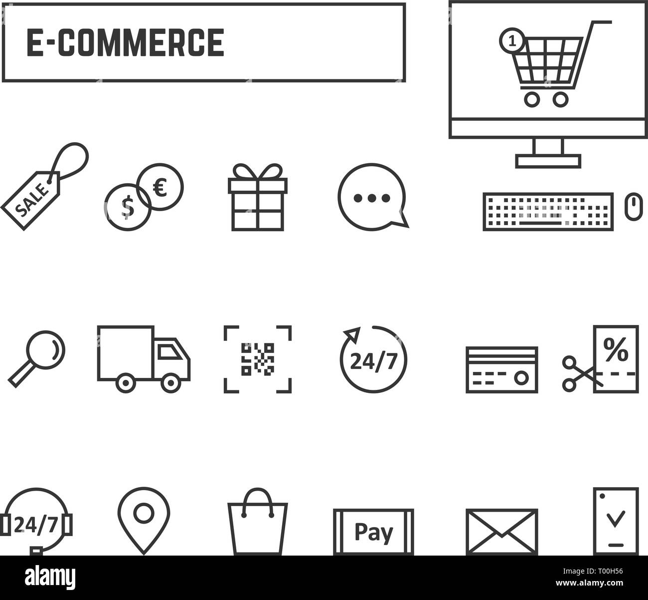 Thin Line schwarz Icons online shopping Stock Vektor