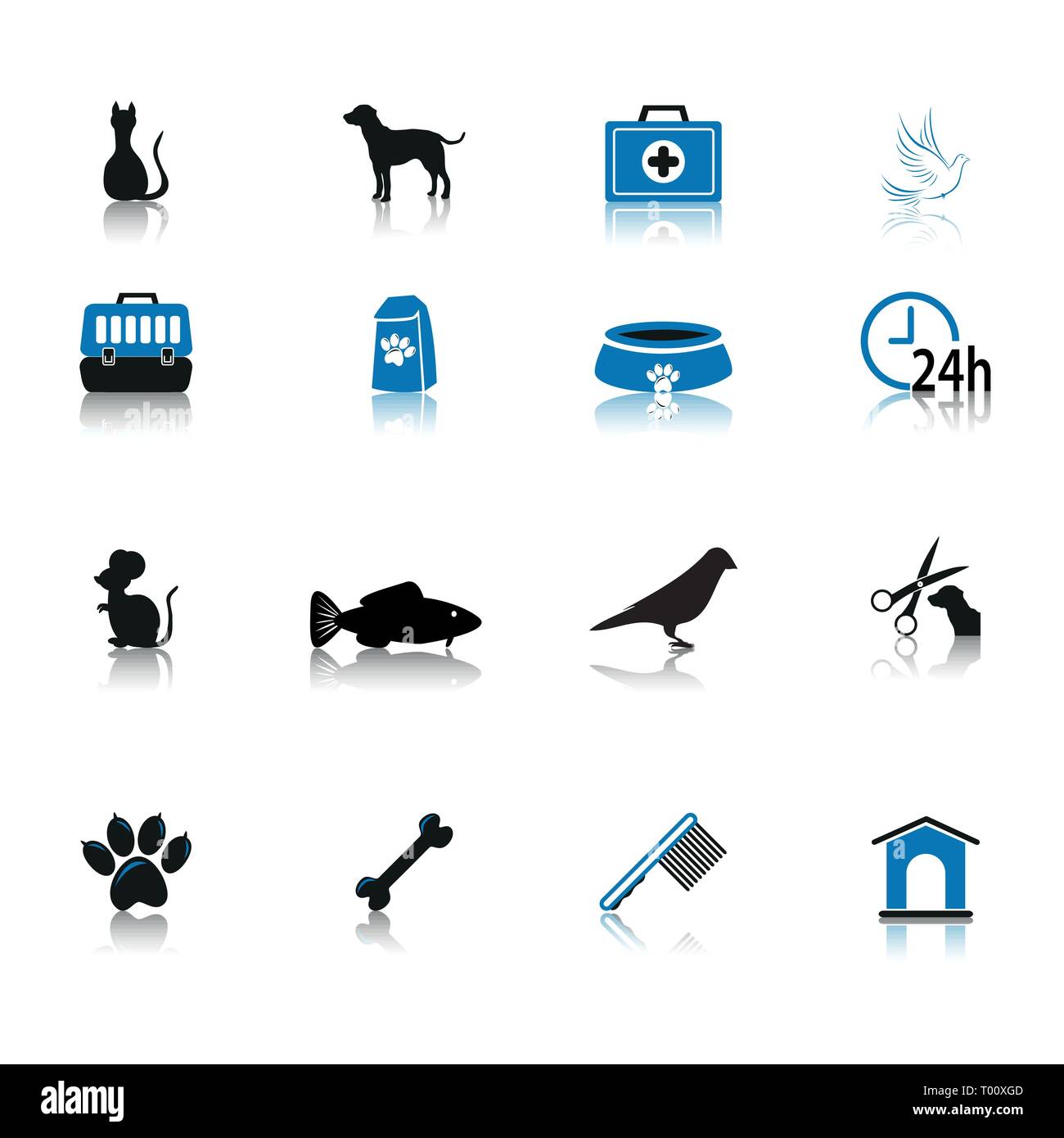 Pet care Icon Set schwarz und Blau auf weißem Hintergrund Stock Vektor