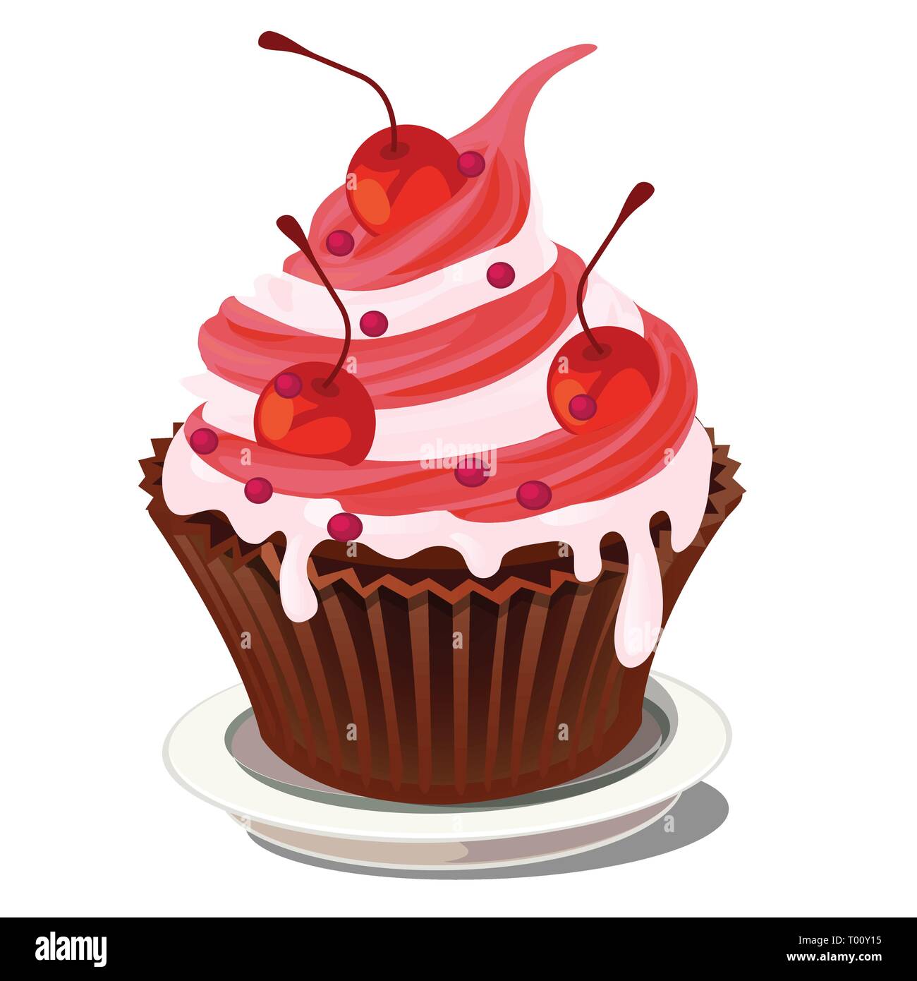 Susse Kuchen Dessert In Papier Korb Mit Schlagsahne Und Pink Berry Topping Mit Der Dekoration Der Reife Rote Saftige Kirschen Isoliert Auf Einem Weissen Stock Vektorgrafik Alamy