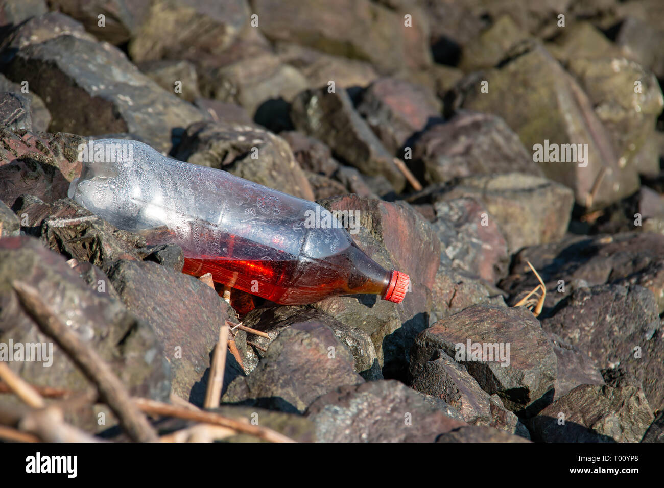 Plastik Müll bei einer Stein Mole Stockfoto