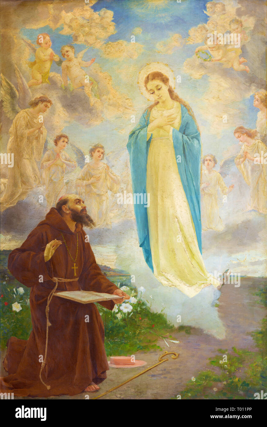 REGGIO EMILIA, Italien - 12. APRIL 2018: Die moderne Malerei der Vision der Jungfrau Mari zu franicscan Mönch in der Kirche Chiesa dei Cappuchini Stockfoto
