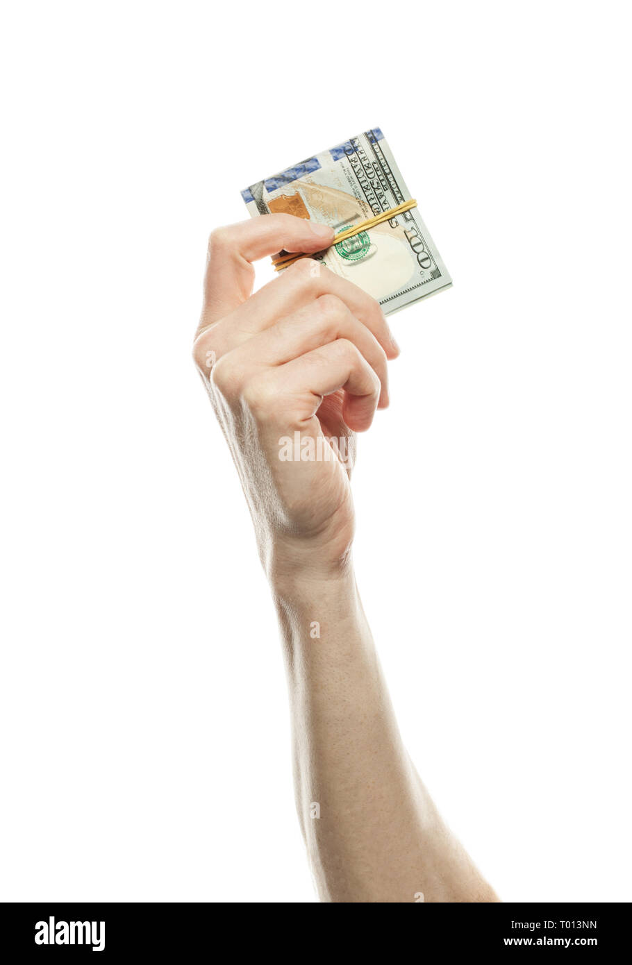 Sieger und Win-Konzept mit amerikanischen Dollar cash Geld gewinnen in der Hand isoliert auf weißem Hintergrund. 100 US-Dollar Banknote isoliert Stockfoto