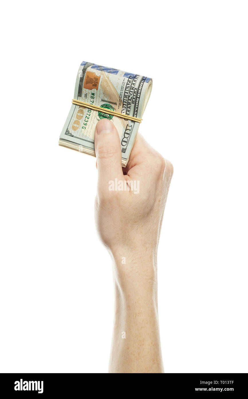 Finanzen Konzept mit der menschlichen Hand-Währung. US-Dollar Rechnung 100 Stockfoto
