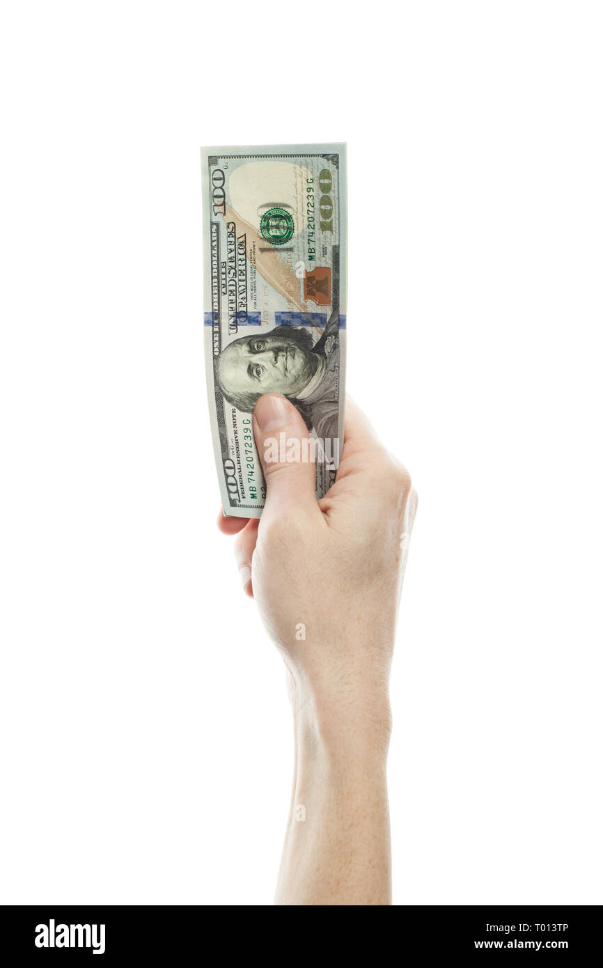 Hundert Dollar in männlicher Hand auf weißem Hintergrund Stockfoto
