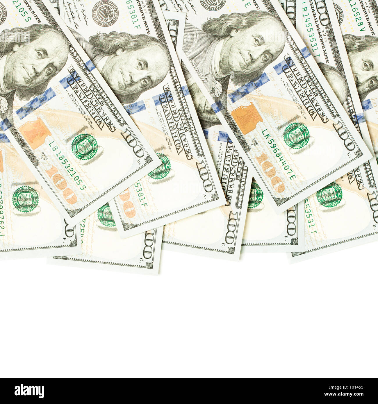 Grenze der modernen hundert US-Dollarnoten. US Dollar isoliert auf weißem Hintergrund Stockfoto