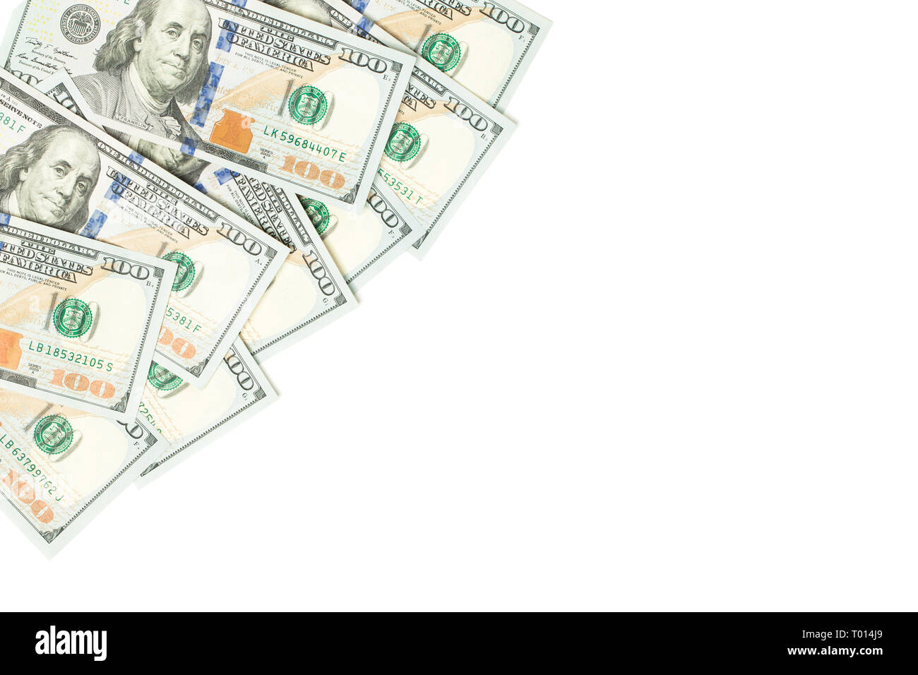 US Dollar Geld Geld Währung Hintergrund. 100 amerikanische Dollar banknote Grenze isoliert auf weißem Stockfoto