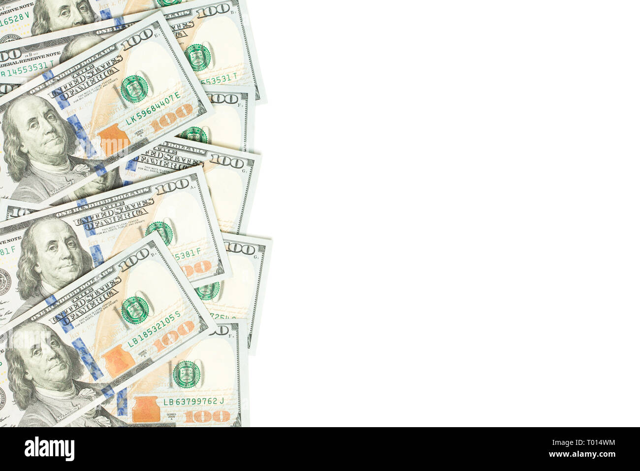 US Dollar 100 Rechnungen Geld cash Rand auf weißem Hintergrund Stockfoto