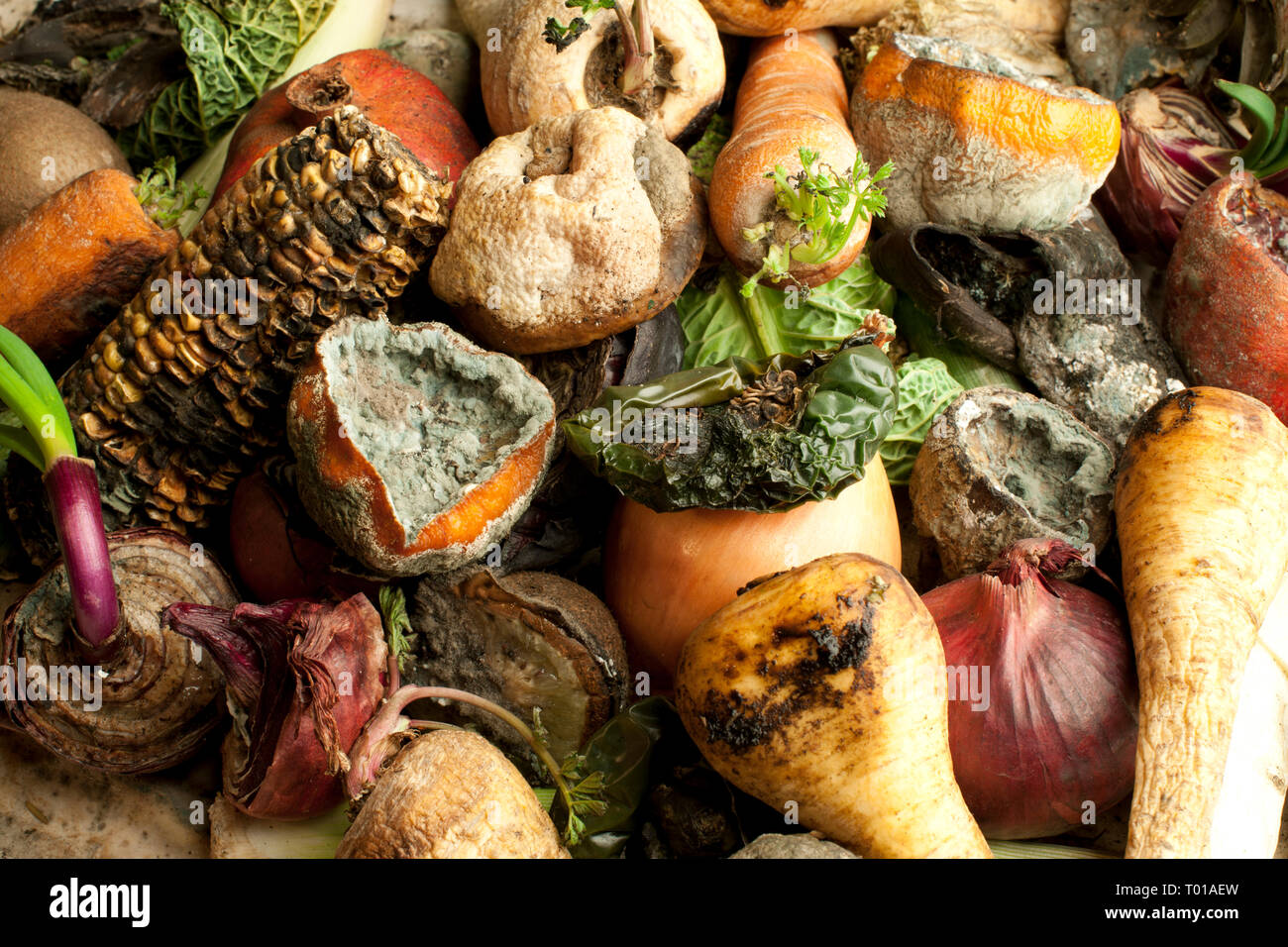 Faulendem Obst und Gemüse auf einem Tisch Stockfoto