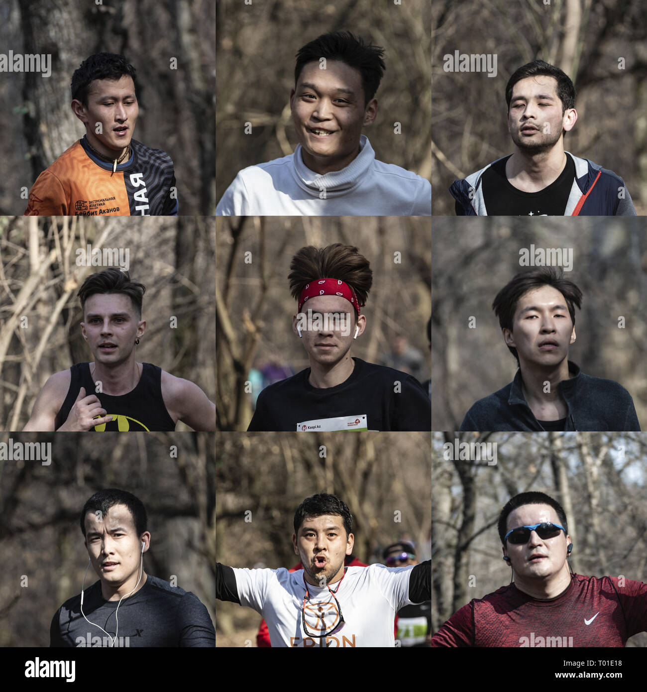 ALMATY, Kasachstan - 16. MÄRZ 2019: neun Gesichter der Marathonläufer mit unterschiedlichen Ausdrücken, während die Feder beim Marathon in der Stadt Almaty, in der GROV Stockfoto