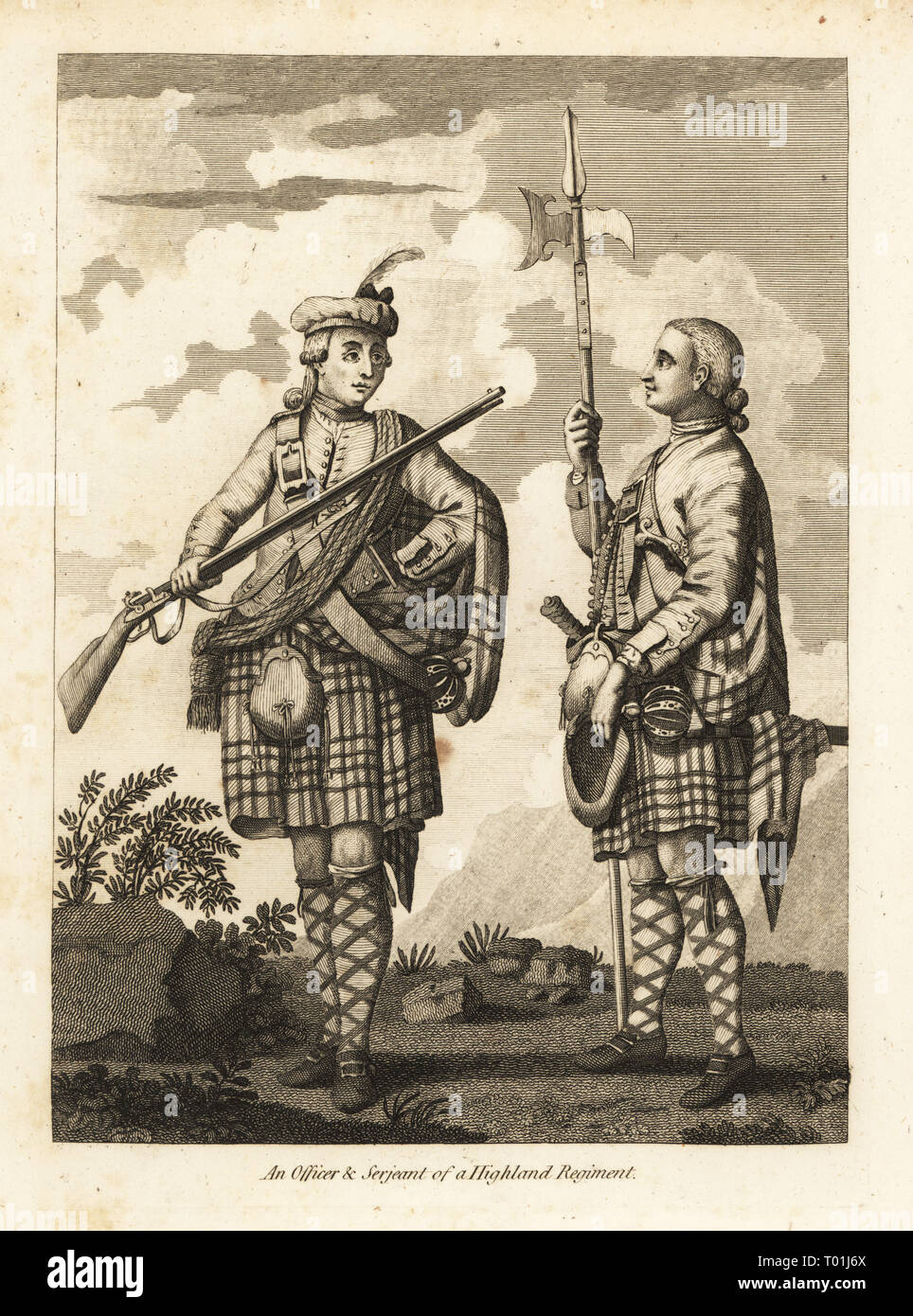 Ein Offizier und Serjeant eines Highland Regiments, aus dem 17. Jahrhundert. In Uniform der Motorhaube, tartan Kilt, sporran und Schlauch, mit Muskete und Claymore. Kupferstich von N. C. Gute Nacht aus der militärischen Francis Grose Antiquitäten Achtung einer Geschichte der englischen Armee, Stockdale, London, 1812. Stockfoto