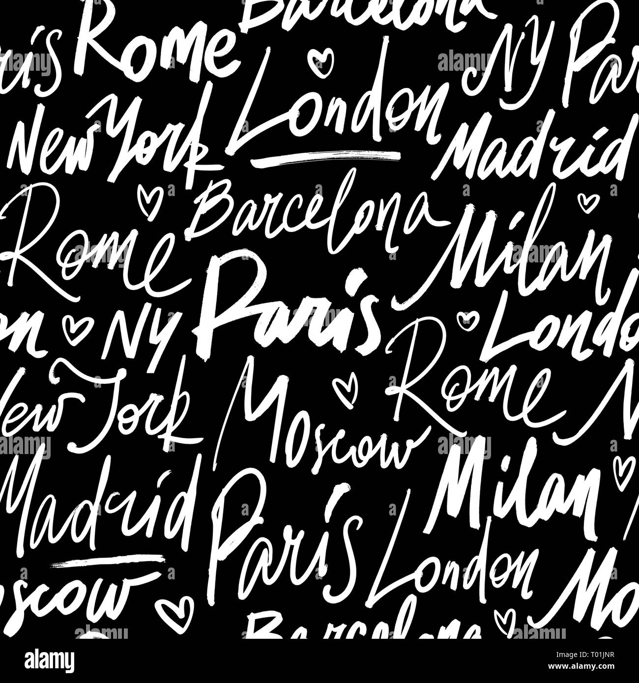 Nahtlose Muster mit Namen von Städten der Welt Paris, Madrid, Barcelona, Rom, Mailand, London, Moskau und New York. Moderne Hand gezeichnet Pinsel Kalligraphie il Stock Vektor