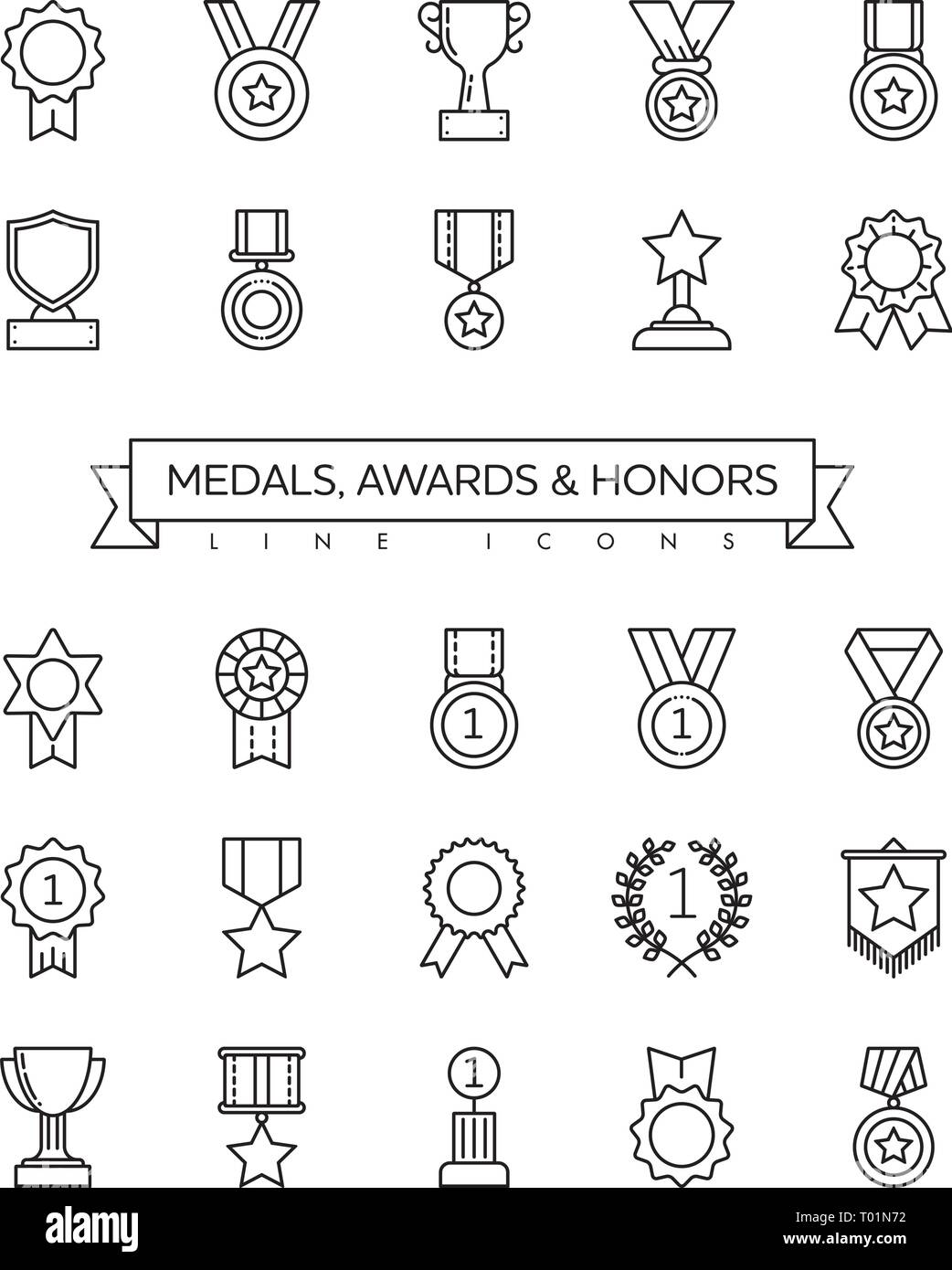 Sammlung von Medaillen, Preise, Pokale und Ehrungen Zeile für Symbole Vector Illustration. Wettbewerb und Erfolg Symbole. Stock Vektor
