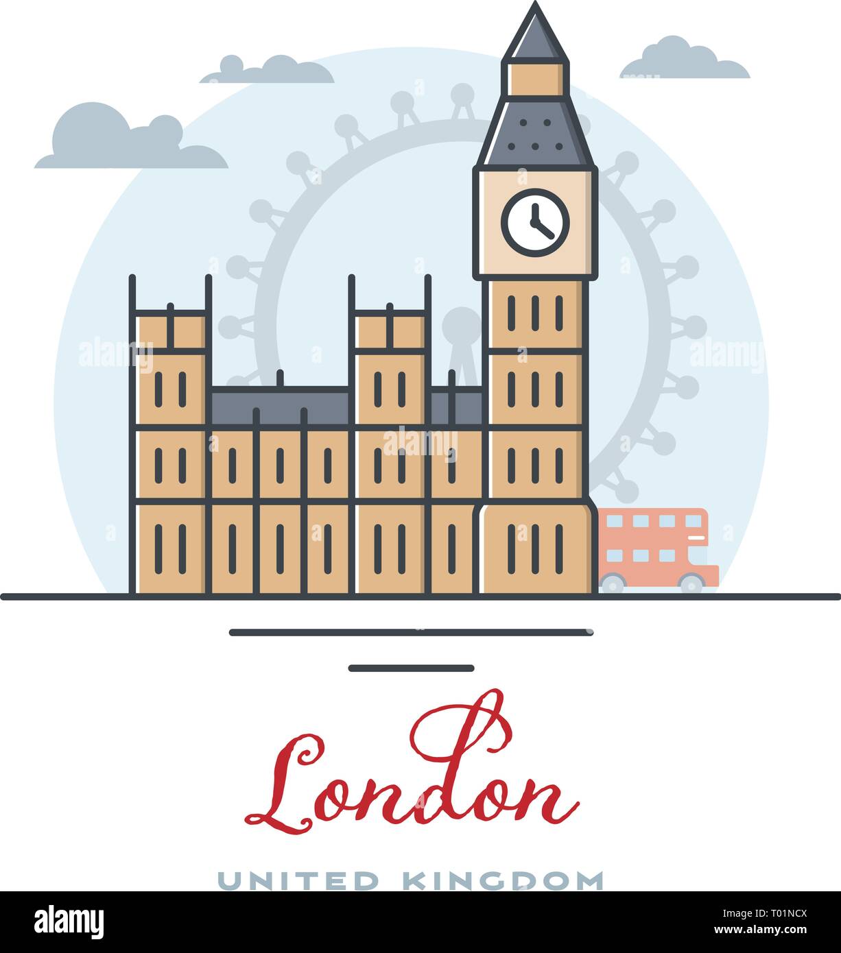 Big Ben und Westminster Palace in London, Vereinigtes Königreich, Flachbild Vector Illustration. Tourismus und Reisen. Stock Vektor