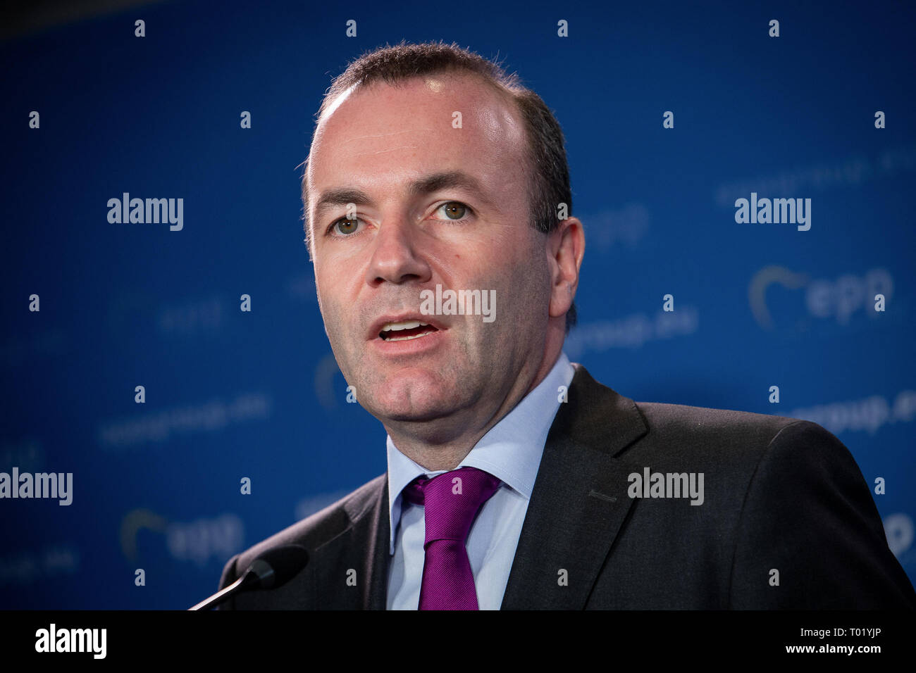 Vorsitzender der EVP-Fraktion, Manfred Weber gibt eine Pressekonferenz mit Grzegorz Schetyna (Führer der Bürgerplattform) und Wladyslaw Kosiniak-Kamysz (Führer der Polnischen Volkspartei) während einer Sitzung des Präsidiums der EVP-Fraktion im Sofitel Victoria in Warschau, Polen am 7. März 2019 Stockfoto