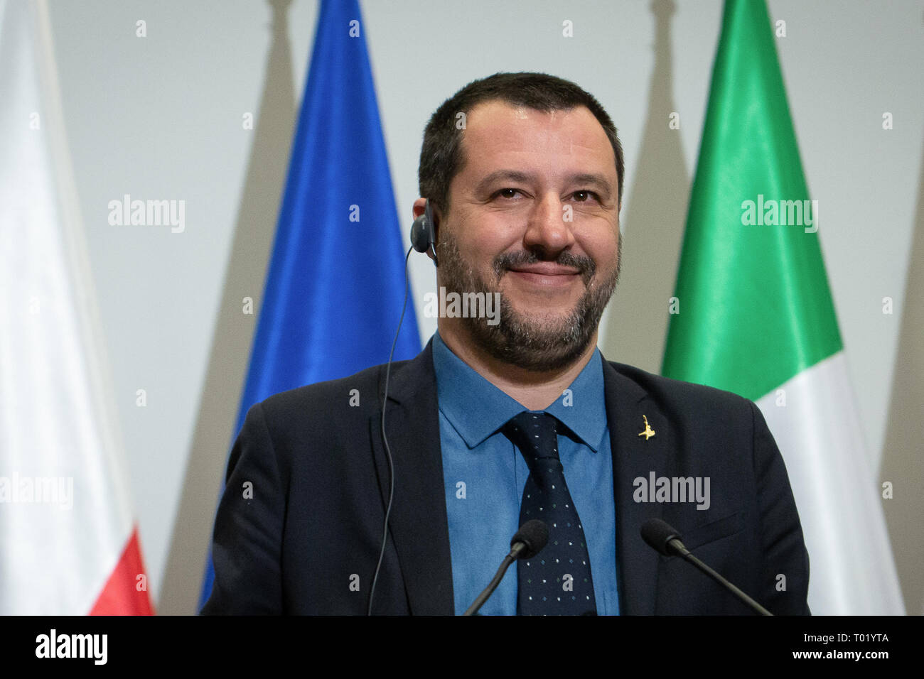 Der stellvertretende Ministerpräsident von Italien Matteo Salvini während der Pressekonferenz mit polnischen Innenminister Joachim Brudzinski im Innenministerium in Warschau, Polen am 9. Januar 2019 Stockfoto