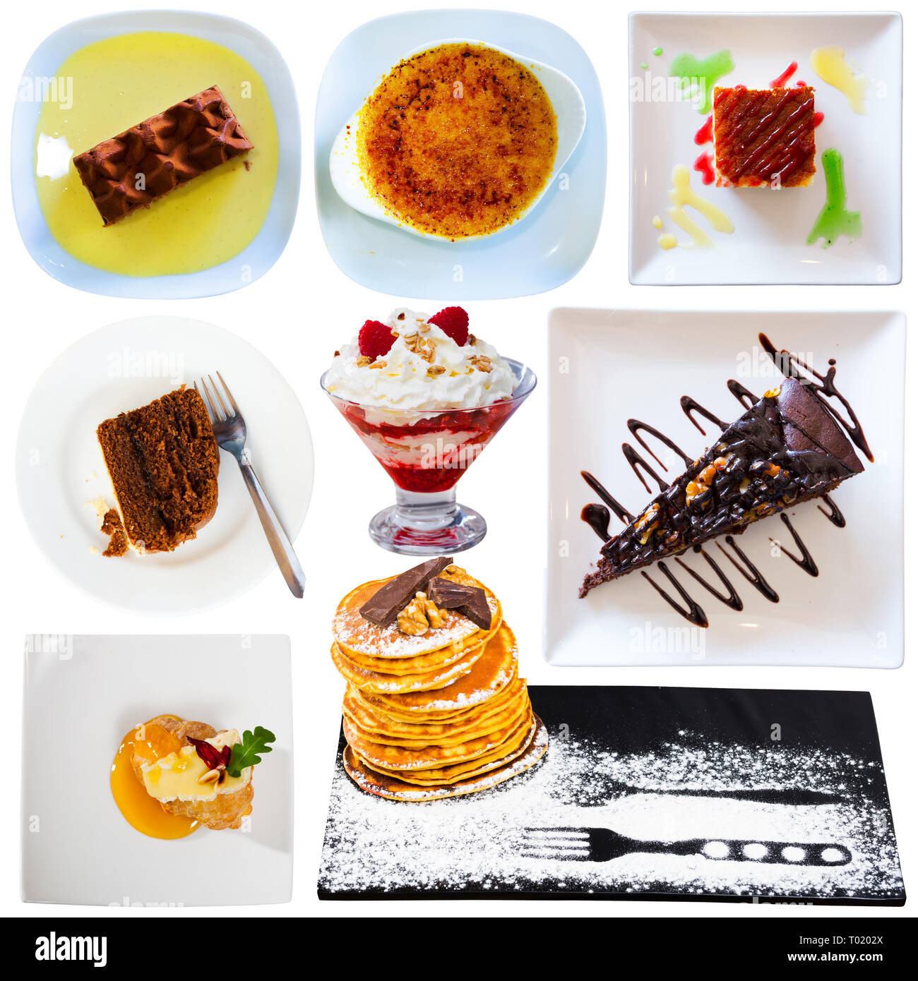 Collage aus verschiedenen Desserts auf weißem Hintergrund Stockfoto