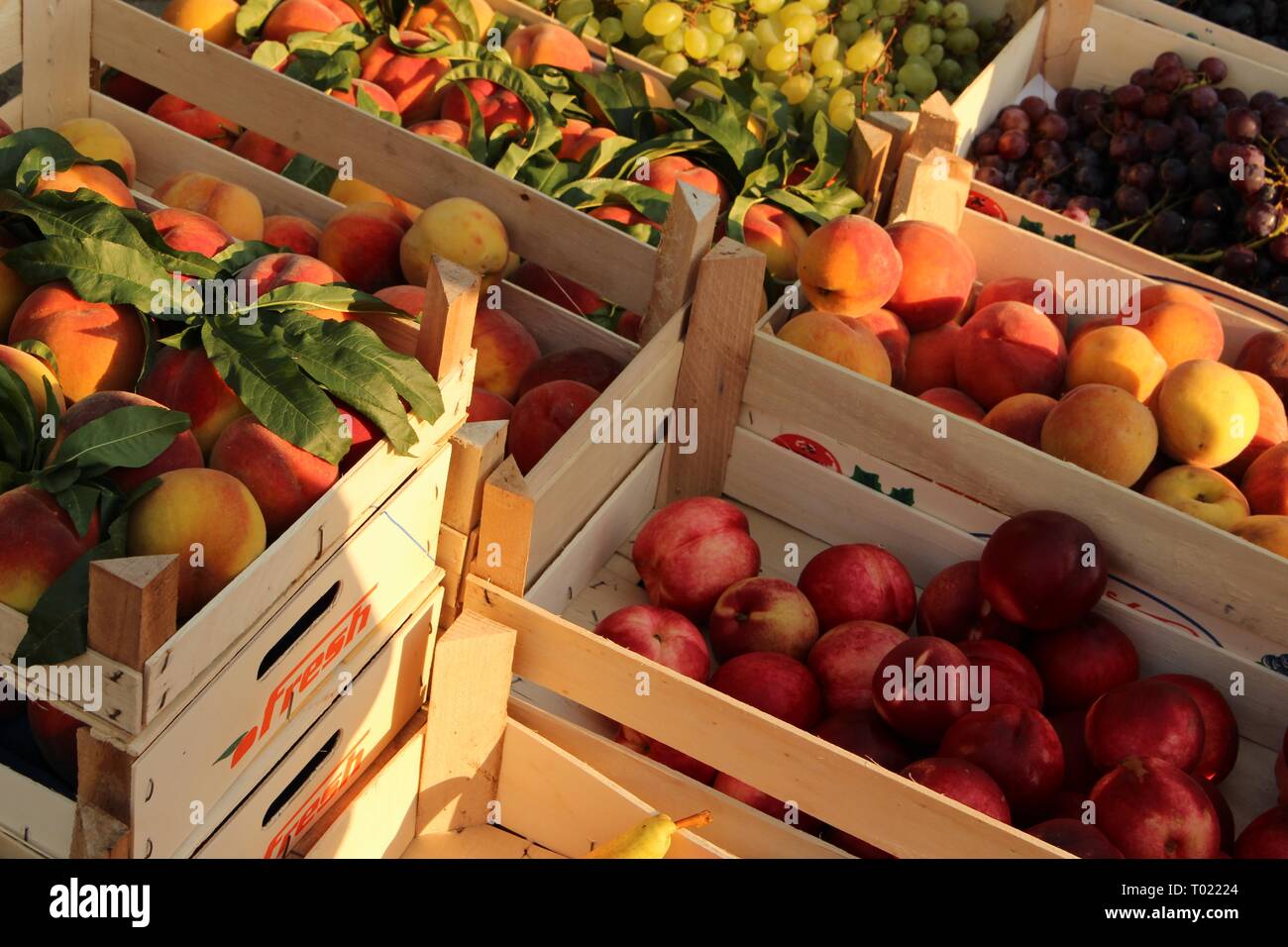 Pfirsiche mit Blättern in Holzkisten bei Farmers gesamten Lebensmittelmarkt Stockfoto